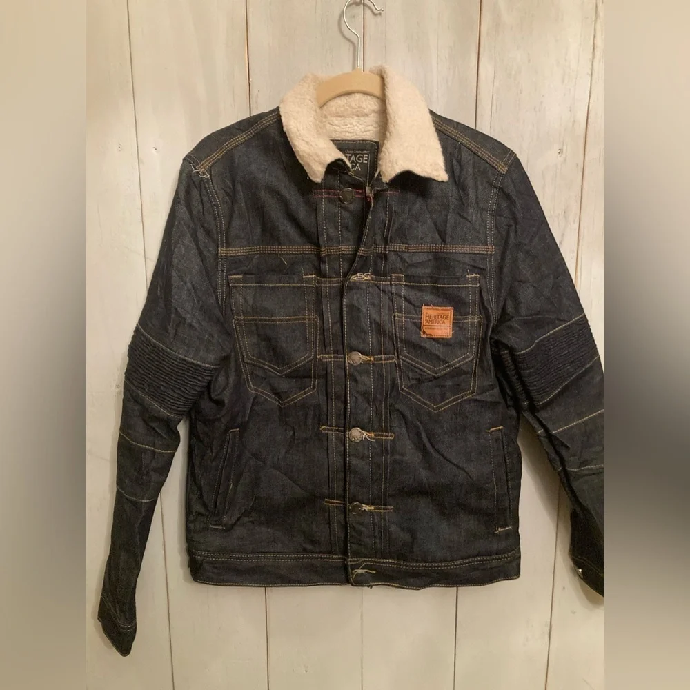 Heritage America Jacket Mens Dark Denim Button Sherpa Collar Bomber Fit‎ New Med